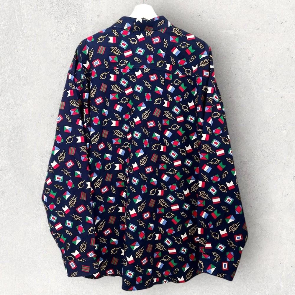 Men's Vintage Nautical Print Button Down Shirt Blue Multi